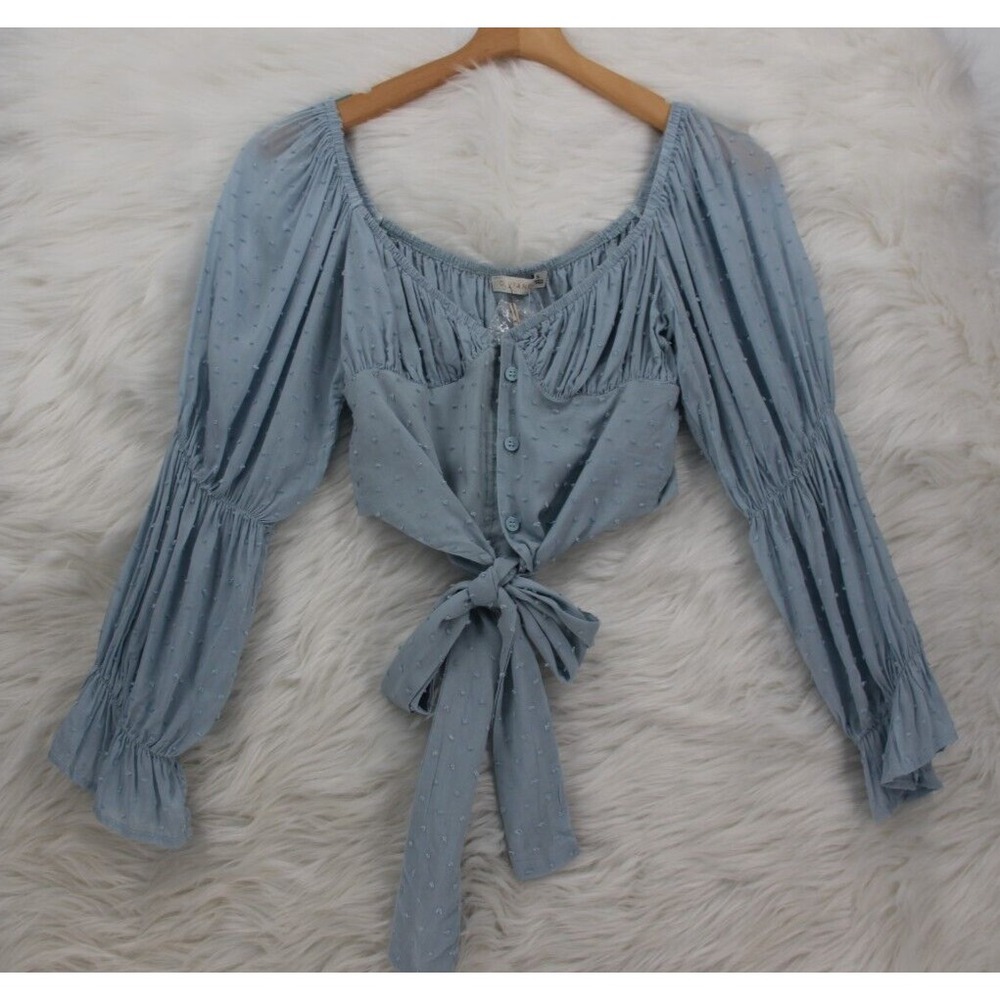 O Vianca Women's Crop Top Size Small Light Blue Tie Back Long Sleeve Casual #130